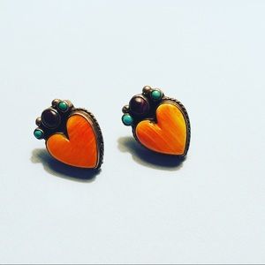 Rare vintage spiny oyster, turquoise & garnet sterling silver hearts-circa 1990